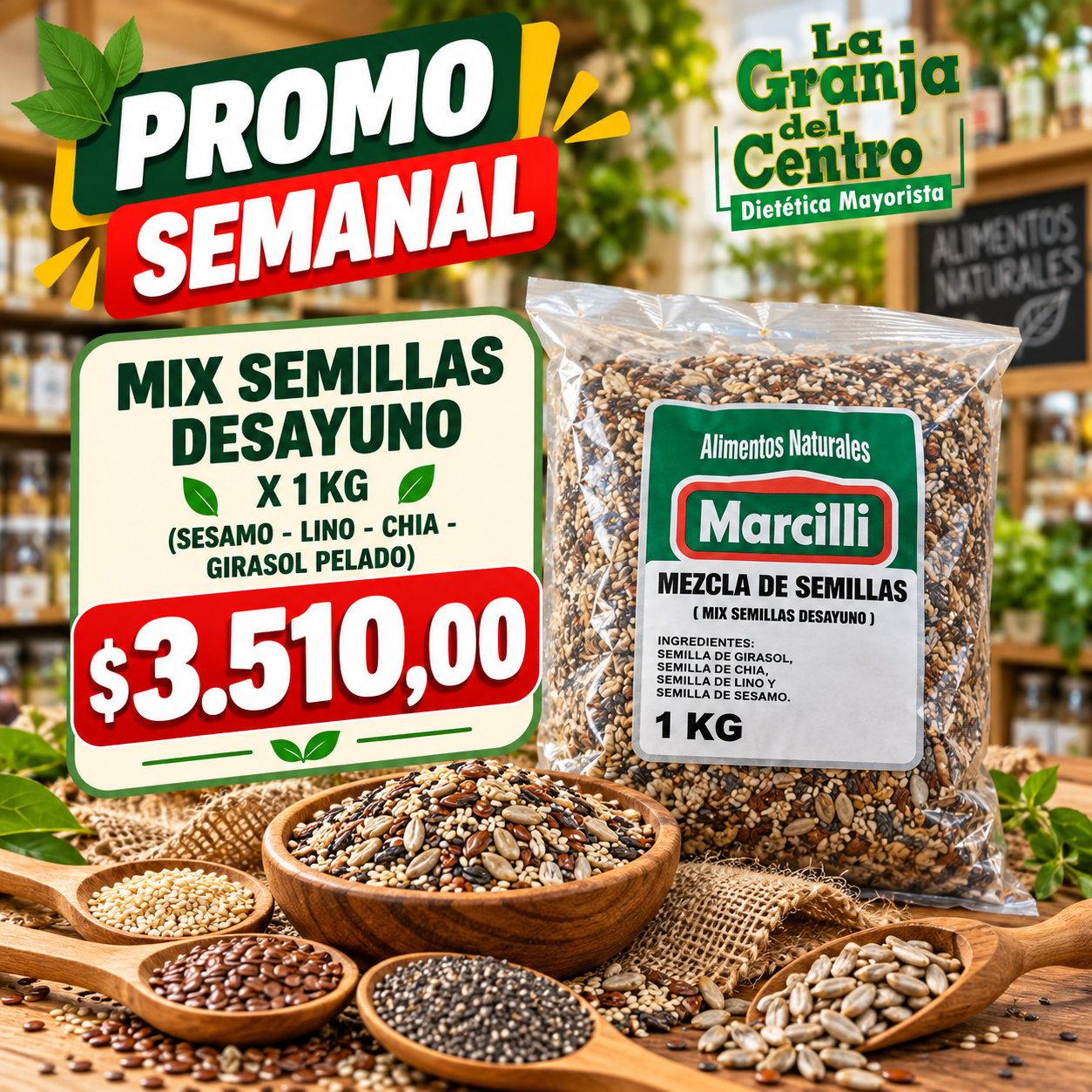 Ofertas y Promociones MIX SEMILLAS DESAYUNO X 1 KG (sesamo - lino - chia-girasol pelado)  promo semanal